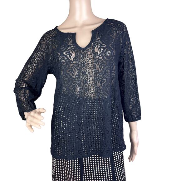 Laundry by Shelli Segal Black Lace See Thru Split Neck 3/4 Sleeve Blouse Size M - Picture 1 of 8